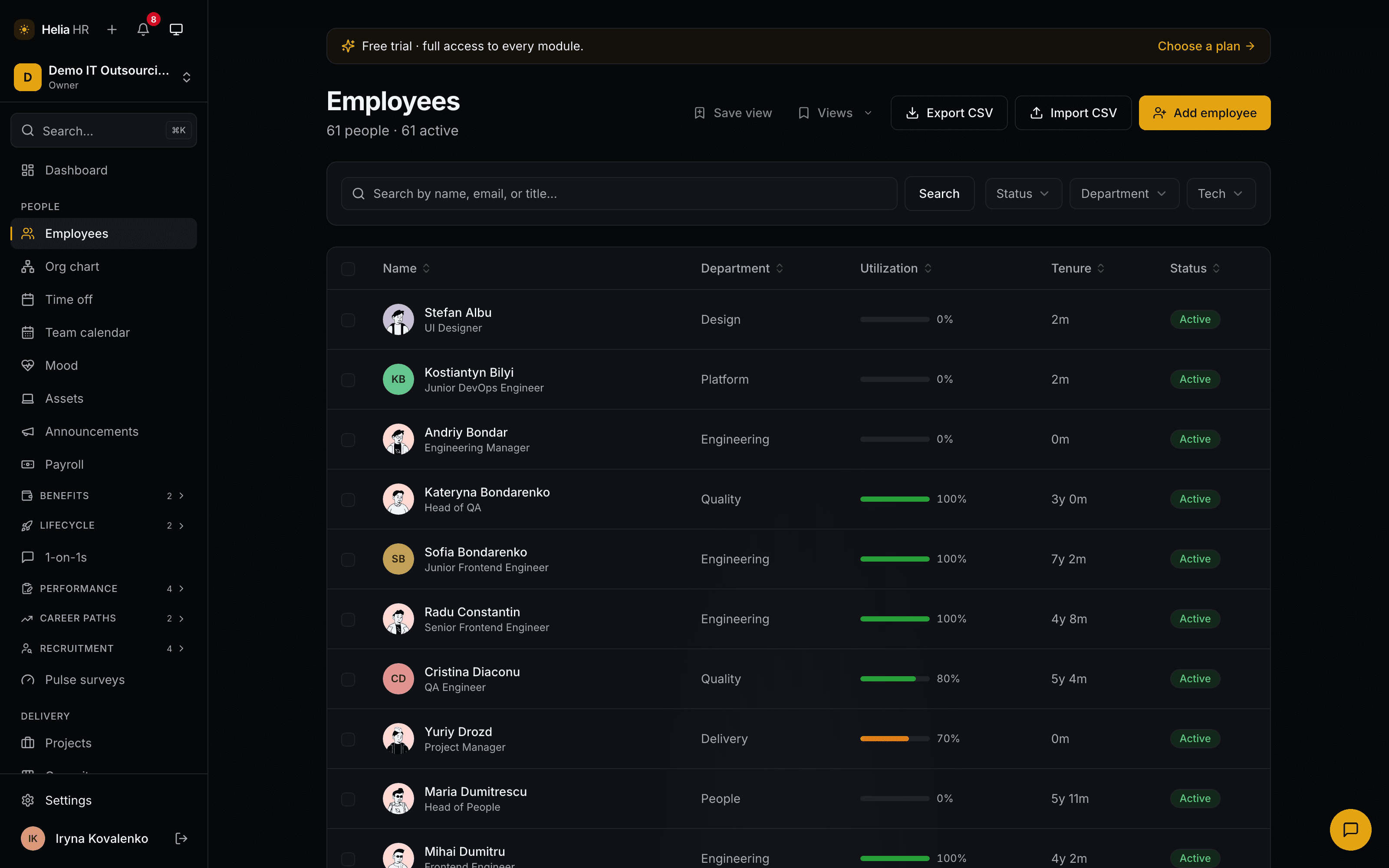 The Helia employee directory: 61 people with department, utilization, tenure and status columns, search and filters above them, and CSV import and export in the header.