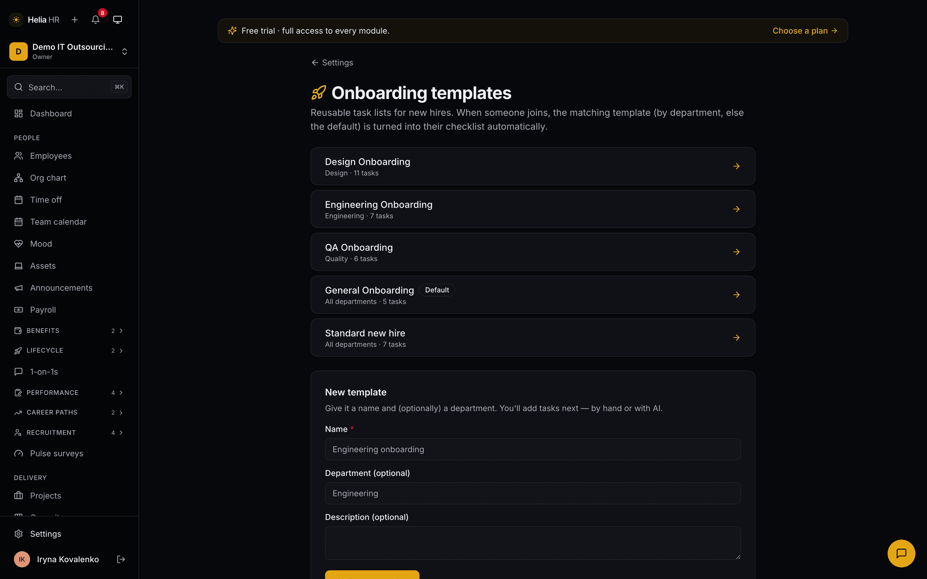 Helia onboarding templates: reusable task lists per department — Design, Engineering, QA and a default General template — each showing its department and task count.