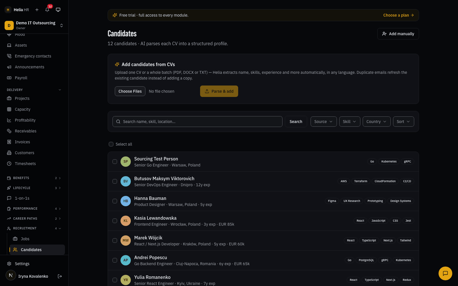 The Helia candidate list: CVs dropped in as PDF, DOCX or TXT and parsed into profiles with title, location, years of experience and extracted skill tags, filterable by source, skill and country.